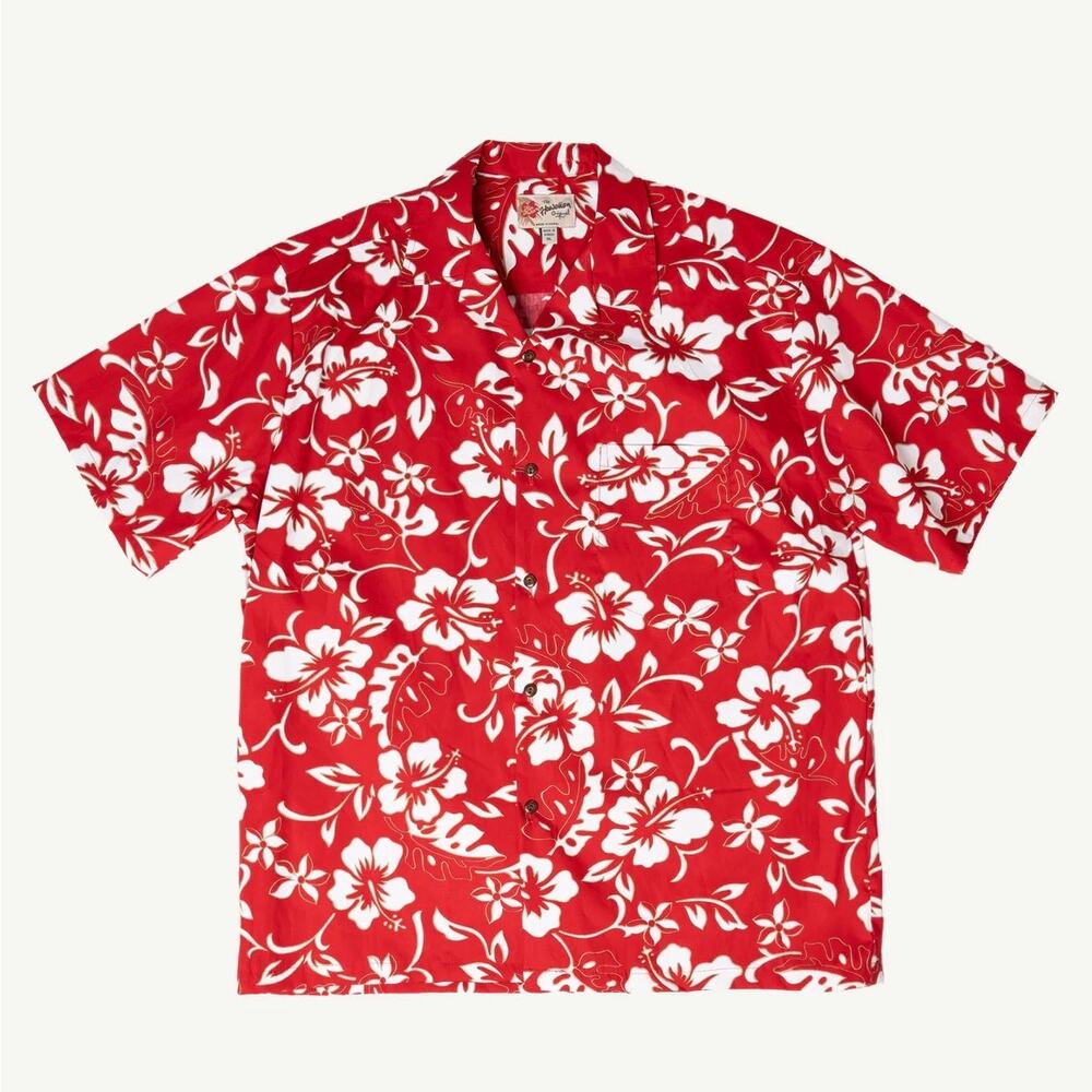 Hilo Hattie The Original Hawaiian Red Classic Hibiscus Aloha Shirt Men's Large